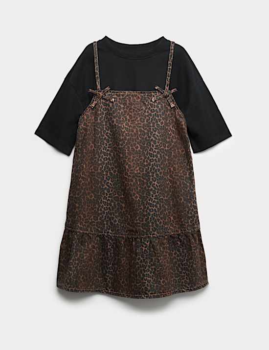 Conjunto de 2 piezas de camiseta 100 % algodón y vestido con estampado de leopardo (2-16 años)