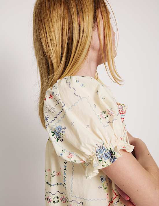 Zuiver katoenen mini-jurk met pofmouwen en bloemenmotief (6-16 jaar)