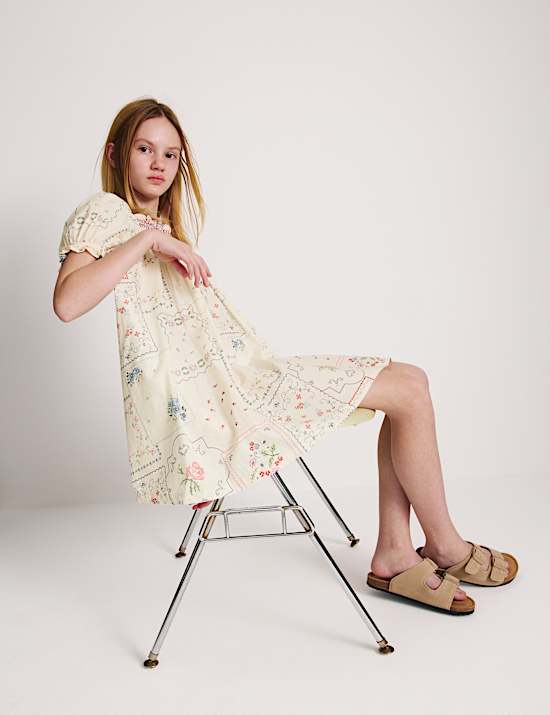 Zuiver katoenen mini-jurk met pofmouwen en bloemenmotief (6-16 jaar)