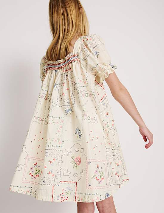 Zuiver katoenen mini-jurk met pofmouwen en bloemenmotief (6-16 jaar)