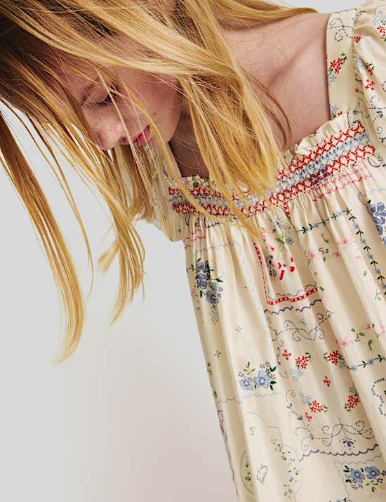 Zuiver katoenen mini-jurk met pofmouwen en bloemenmotief (6-16 jaar)