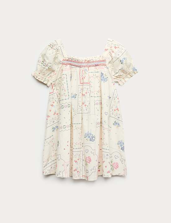 Pure Cotton Puff Sleeve Floral Mini Dress (6-16 Yrs)