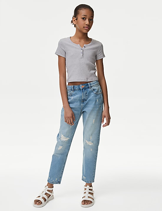 Ριμπ T-Shirt με κουμπιά, με υψηλή περιεκτικότητα σε βαμβάκι (6-16 ετών)