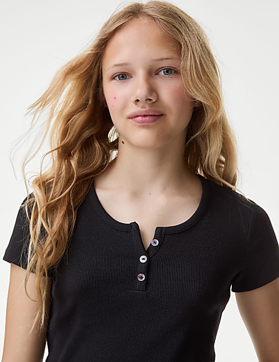 Cotton Rich Ribbed Button T-Shirt (6-16 Yrs)