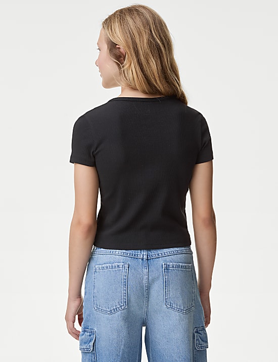 Cotton Rich Ribbed Button T-Shirt (6-16 Yrs)