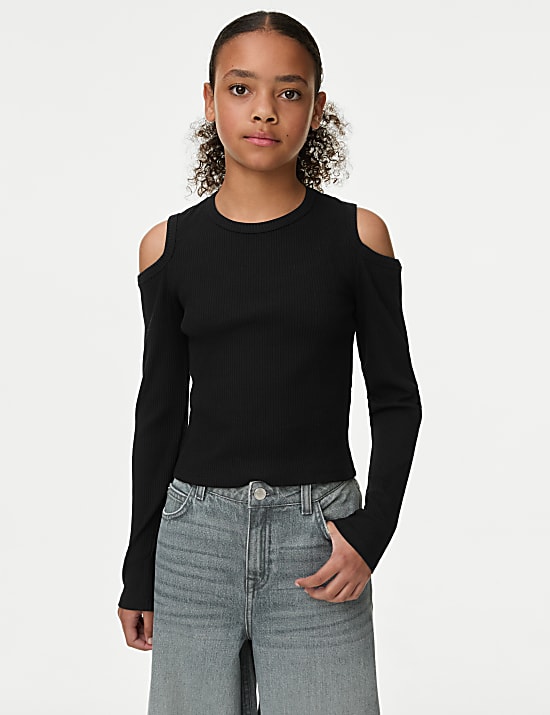 Katoenrijke geribbelde top met blote schouders 6 16 jaar BLACK Tops M S NL