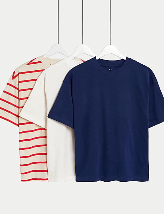 3pk Pure Cotton Striped and Plain T-Shirts (6-16 Yrs)