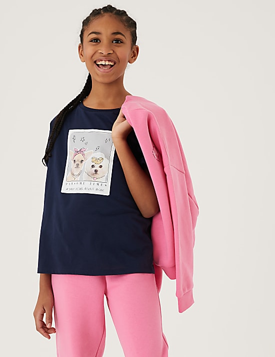 Pure Cotton Dog Photo Glitter T-Shirt (6-16 Yrs)