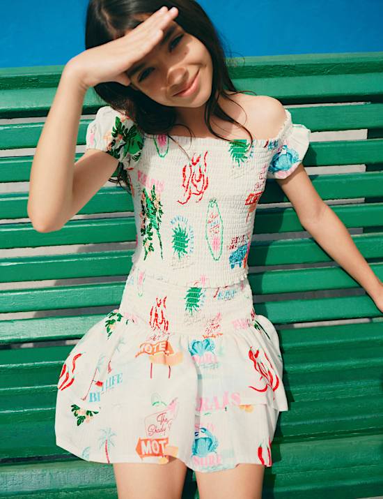 Nařasen&yacute; top Bardot s tropick&yacute;m motivem, z čist&eacute; bavlny (6&ndash;16 let)