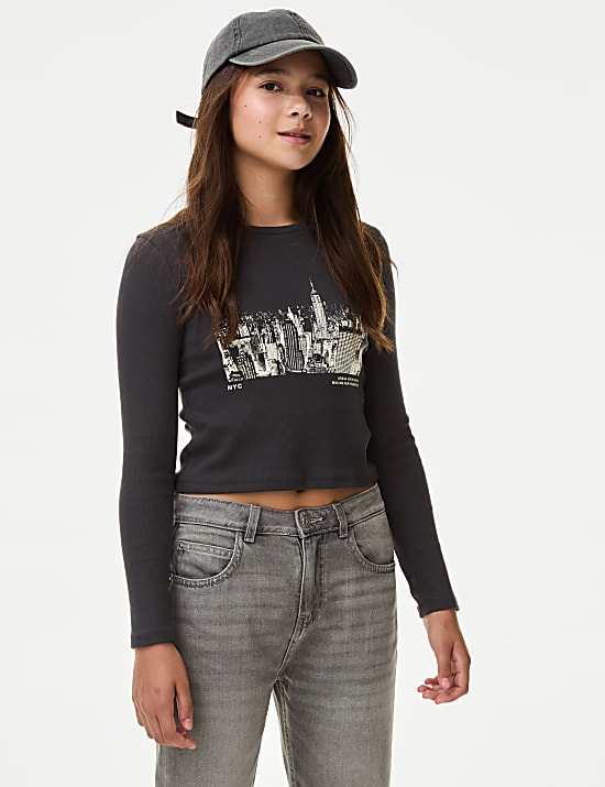 Top de algodón acanalado con gráfico (6-16 años)