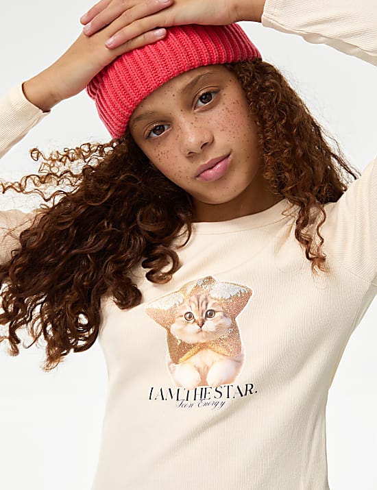 Cotton Rich Glitter Cat Top (6-16 Yrs)