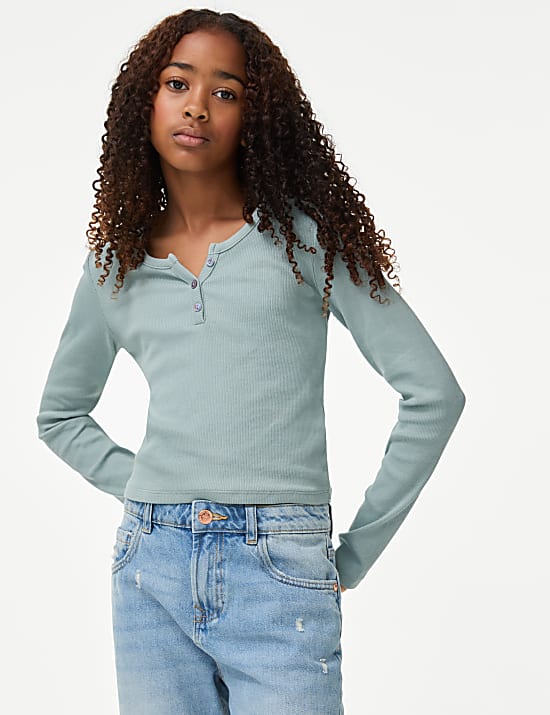 Cotton Rich Button Ribbed Top (6-16 Yrs)