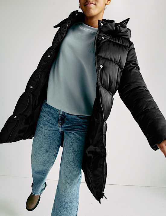 Długi płaszcz ocieplany z kapturem (6–16 lat)