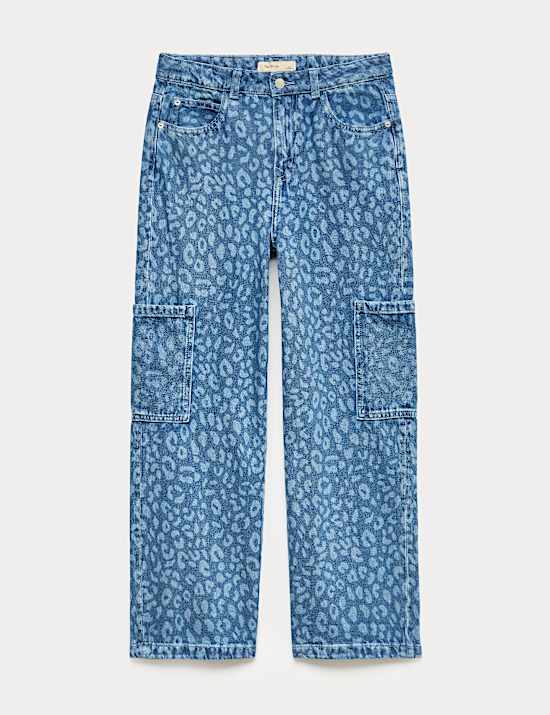 Pure Cotton Leopard Print Cargo Jeans (6-16 Years)