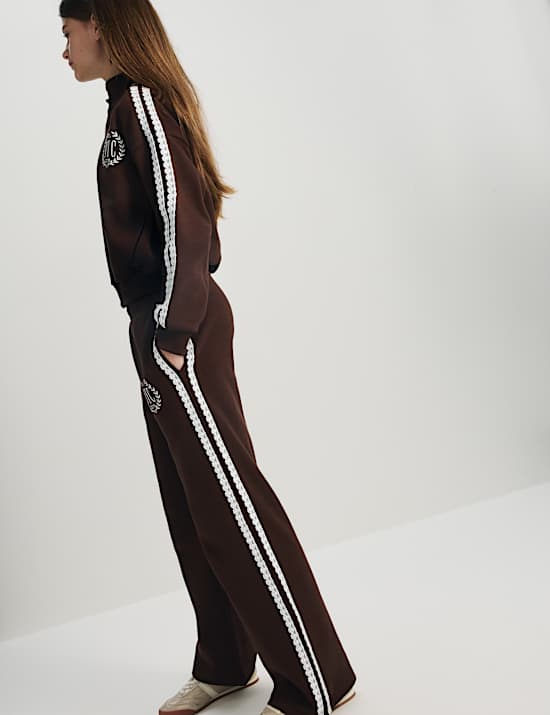 Pantalon de jogging coupe large &agrave; motif brod&eacute; et bordure en dentelle (du 6 au 16 ans)