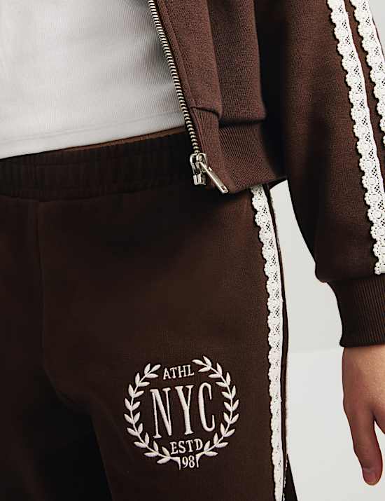 Pantalon de jogging coupe large &agrave; motif brod&eacute; et bordure en dentelle (du 6 au 16 ans)