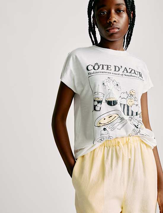 מכנסיים בגזרת רגל רחבה מבד עשיר בפשתן (6-‏16 שנים)