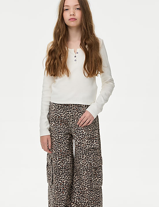 Pure Cotton Leopard Print Cargo Jeans (6-16 Yrs)