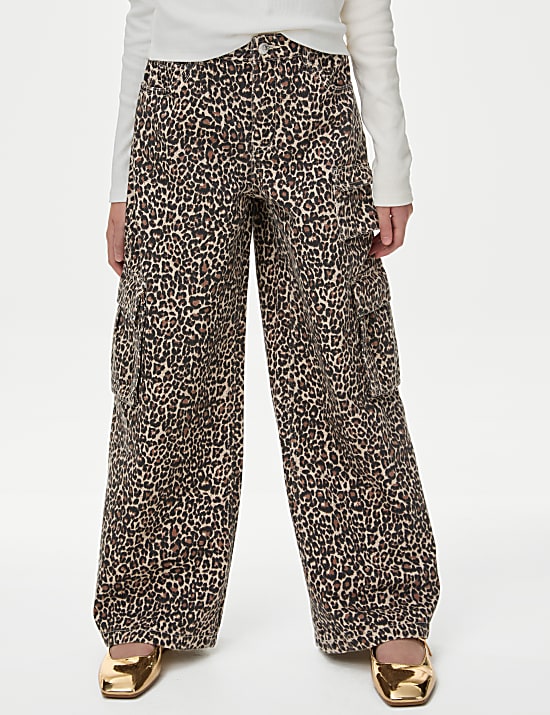 Pure Cotton Leopard Print Cargo Jeans (6-16 Yrs)