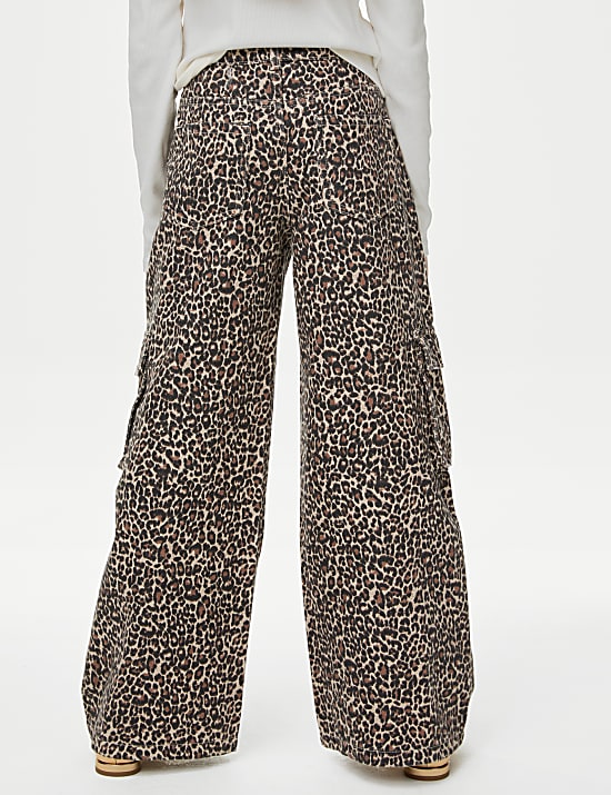 Pure Cotton Leopard Print Cargo Jeans (6-16 Yrs)