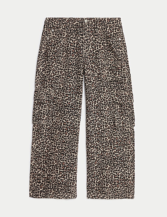 Pure Cotton Leopard Print Cargo Jeans (6-16 Yrs)