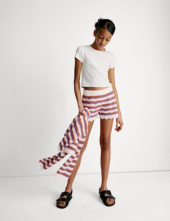 Cotton Blend Knitted Striped Shorts (6-16 Yrs)