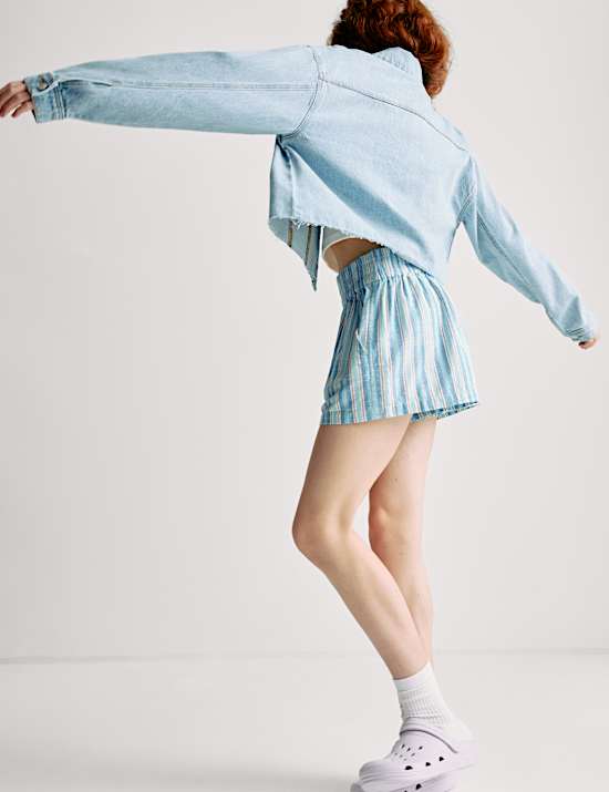 מכנסיים קצרים עם פסים מכותנה טהורה (16-6 שנים)