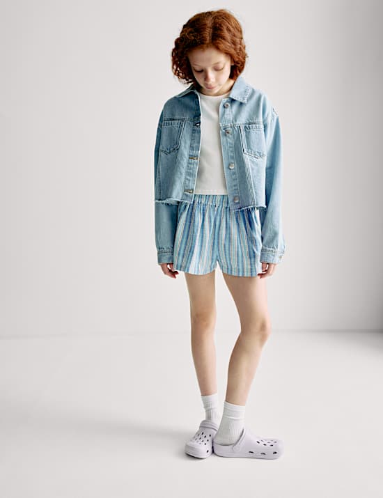 מכנסיים קצרים עם פסים מכותנה טהורה (16-6 שנים)