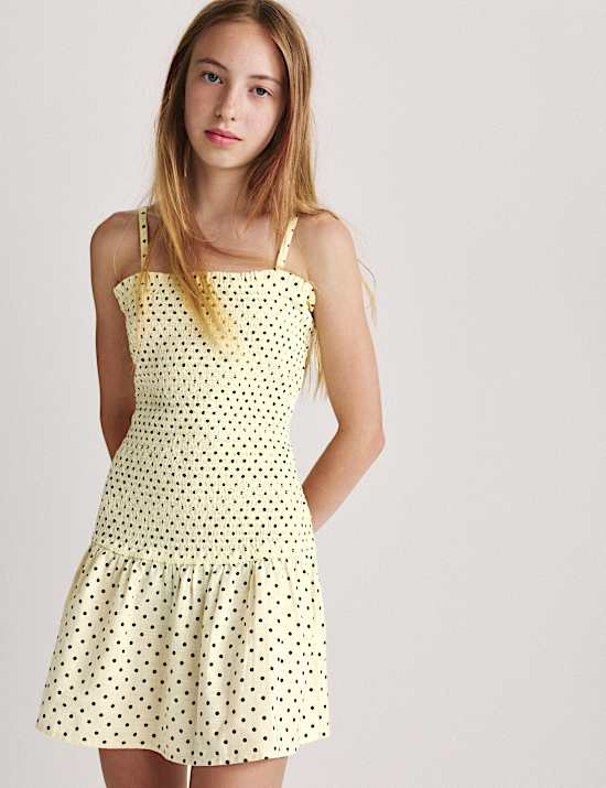 Robe fronc&eacute;e 100 % coton &agrave; imprim&eacute; pois (du 6 au 16 ans)
