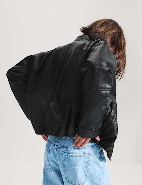 Funnel Neck Padded PU Jacket