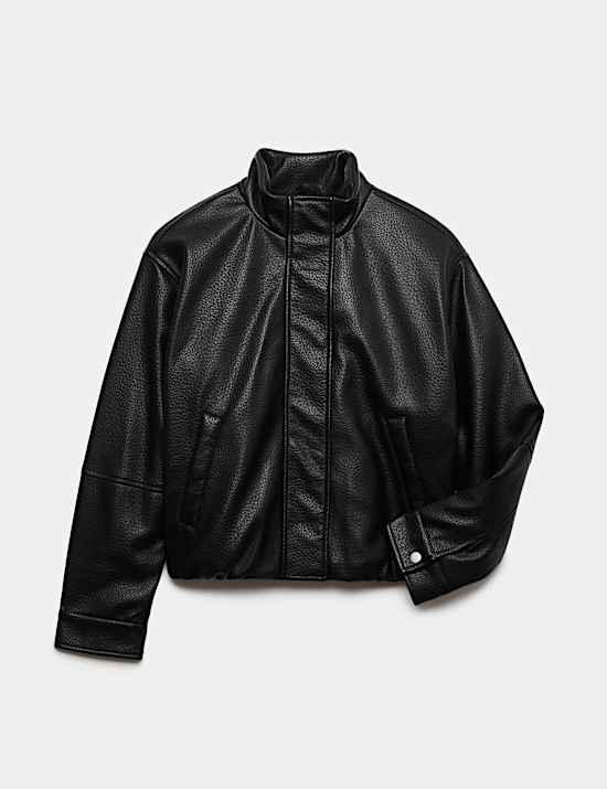 Funnel Neck Padded PU Jacket
