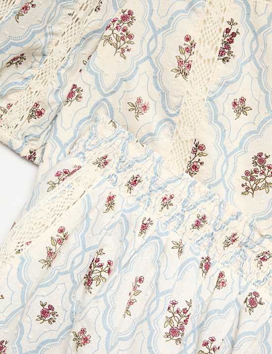 Ensemble 2 pi&egrave;ces 100 % coton fleuri &agrave; bordures en dentelle (du 6 au 16 ans)