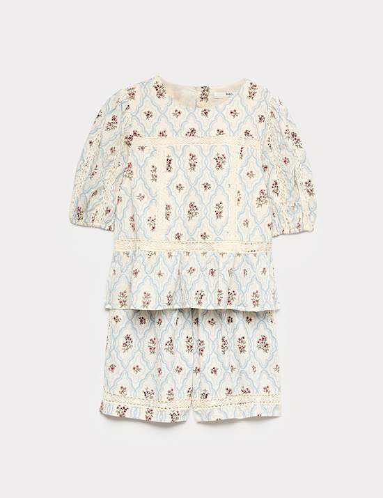 Ensemble 2 pi&egrave;ces 100 % coton fleuri &agrave; bordures en dentelle (du 6 au 16 ans)