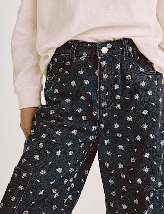 Wide Leg Floral Print Cargo Jeans (6-16 Yrs)