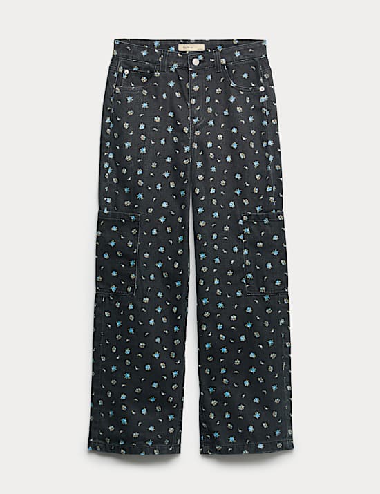 Jeans cargo de pernera ancha con estampado floral (6-16 años)