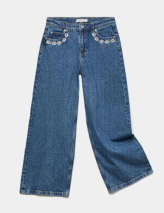 Embroidered Pocket Wide Leg Denim Jeans (6-16 Yrs)