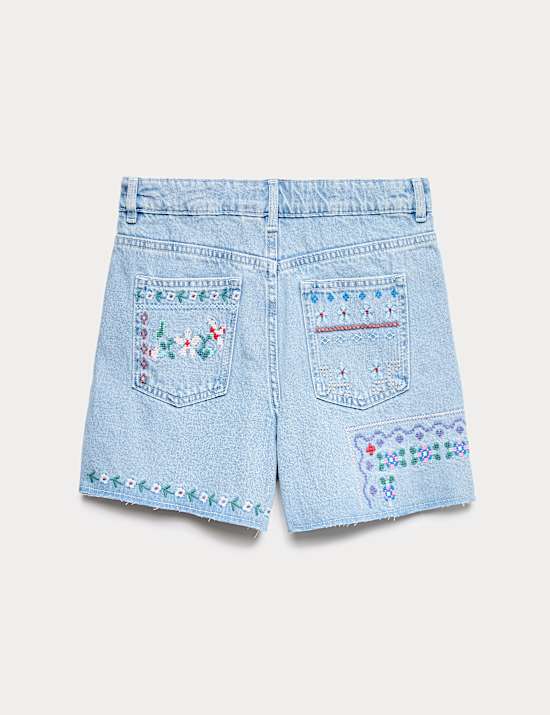 Floral Cross Stitch Denim Bermuda Shorts (6-16 Yrs)