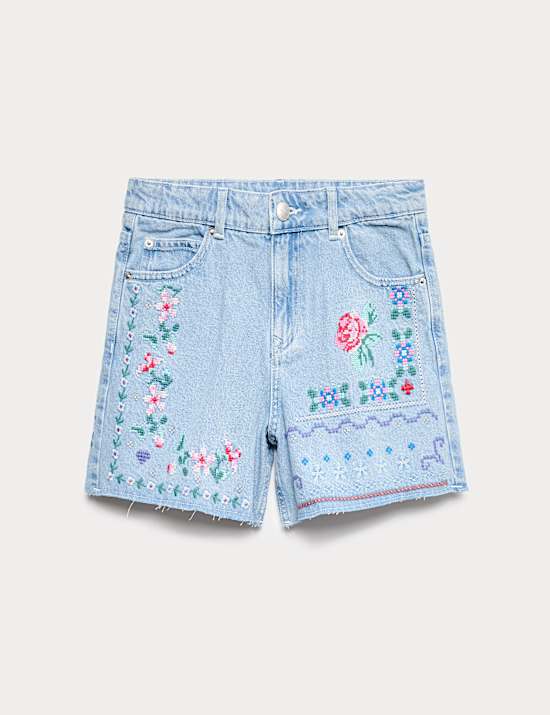 Floral Cross Stitch Denim Bermuda Shorts (6-16 Yrs)