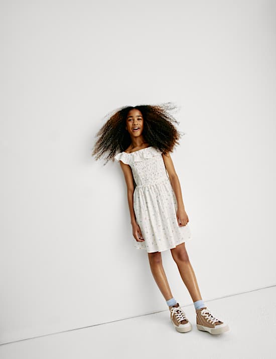 Pure Cotton Shirred Floral Print Dress (6-16 Yrs)