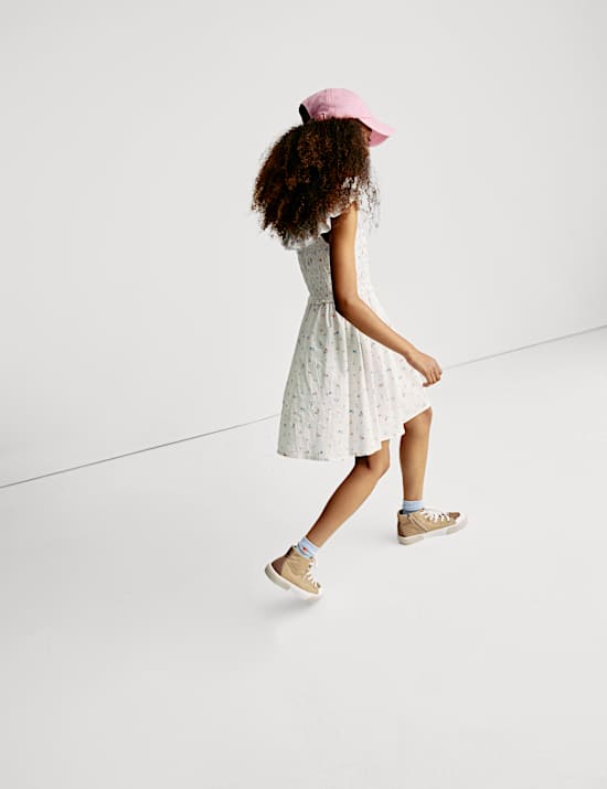 Pure Cotton Shirred Floral Print Dress (6-16 Yrs)