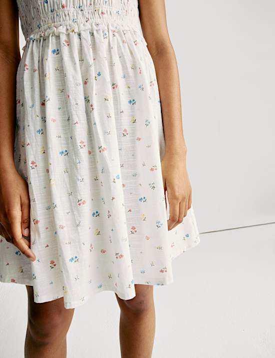 Pure Cotton Shirred Floral Print Dress (6-16 Yrs)