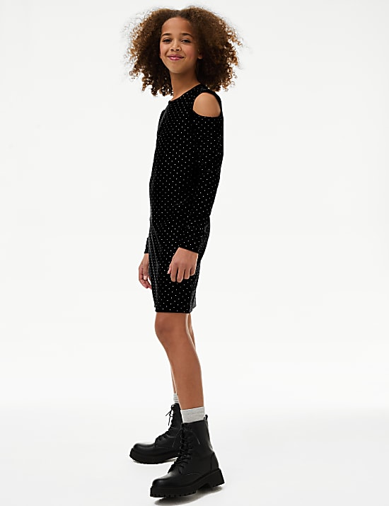 Velvet Studded Cold Shoulder Dress (6-16 Yrs)