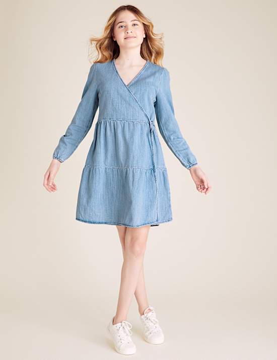 Denim Tiered Wrap Dress (6-14 Yrs)