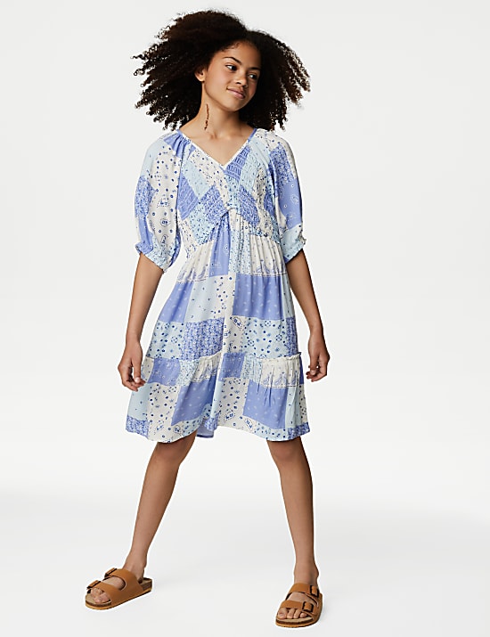 Patchwork Print Shirred Tiered Dress (6-16 Yrs)