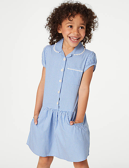 2 Pack Girls' Cotton Rich Gingham School Dresses (2-14 Yrs)