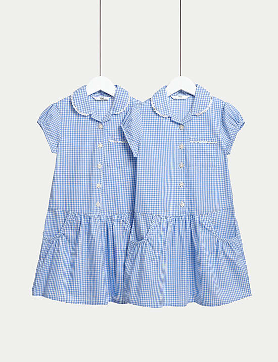 2 Pack Girls' Cotton Rich Gingham School Dresses (2-14 Yrs)