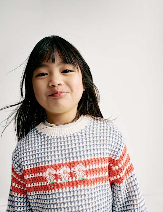Pure Cotton Striped Flower Embroidered Jumper (2-8 Yrs)
