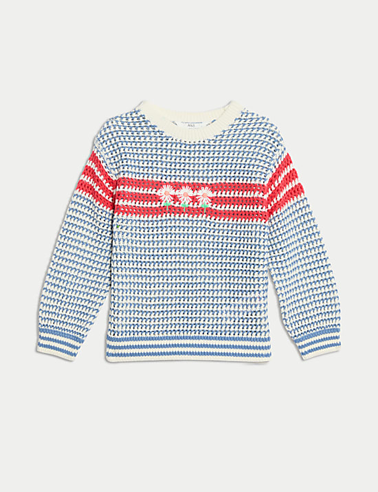 Pure Cotton Striped Flower Embroidered Jumper (2-8 Yrs)