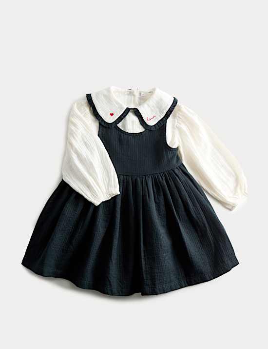 2pc Pure Cotton Collared Pinafore Dress Outfit (2-10 Yrs)