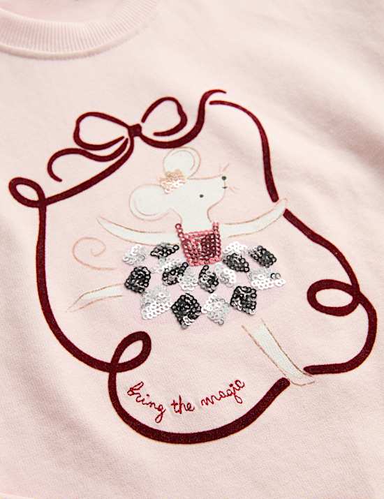 Pure Cotton Sequin Mouse Graphic T-Shirt (2-8 Yrs)
